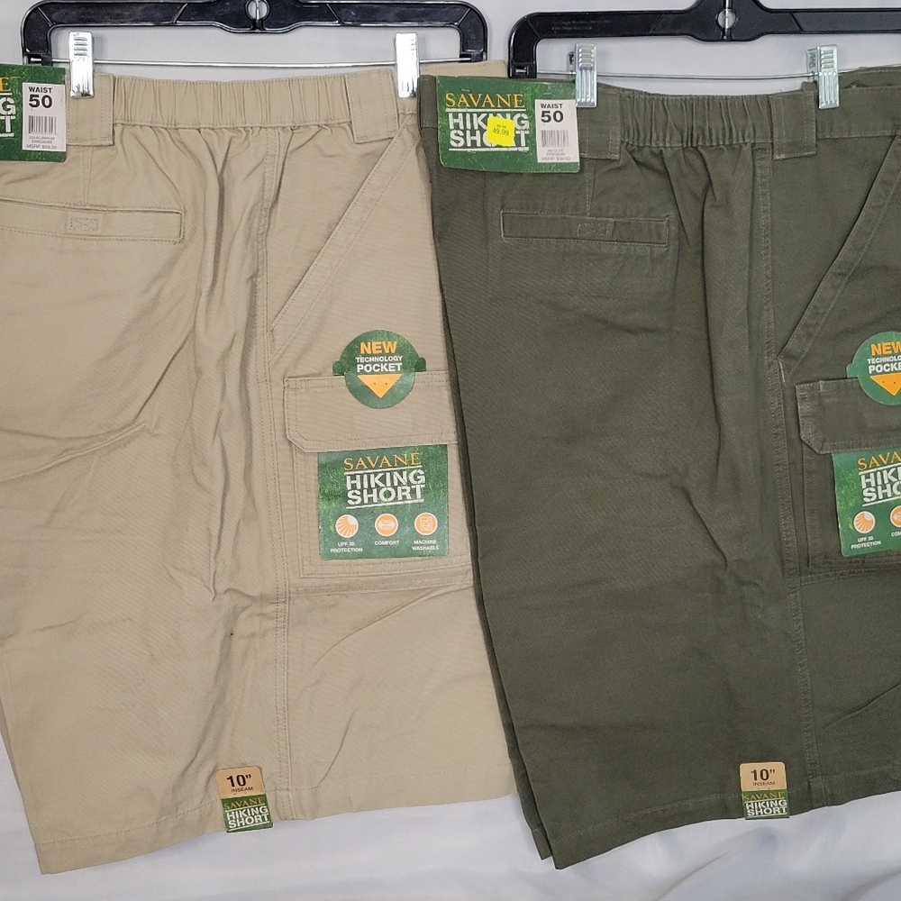 2 Savane Men's Hiking Shorts Khaki & Olive Drab Military Green, 50w x 10" Inseam
